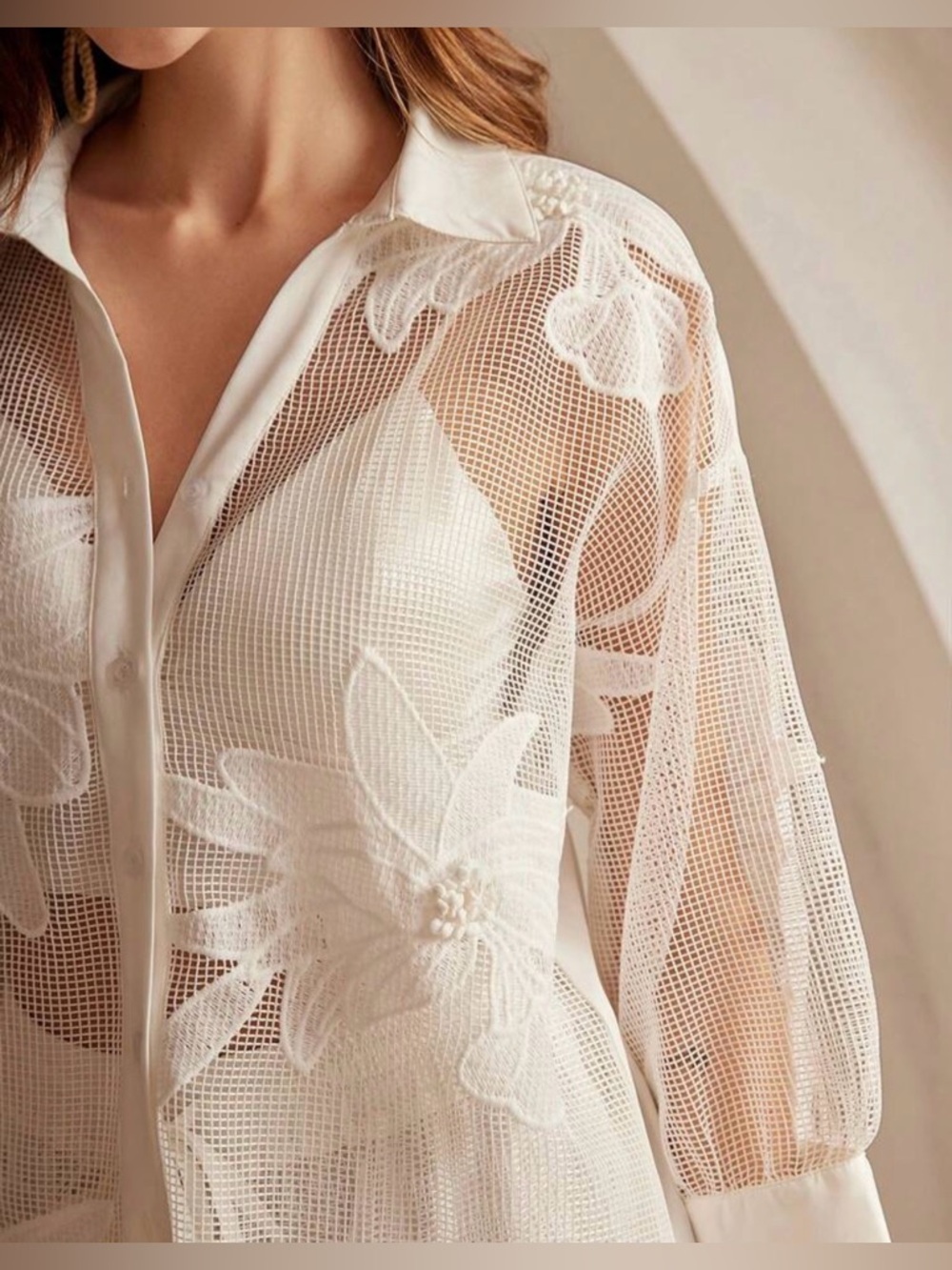Sheer Floral Embroidered Button-Down Set in white - Picture 2 of 4